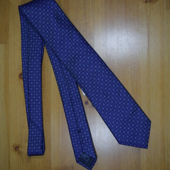 $490 New BRIONI Navy Blue Aqua Micro Squares Geometric Handmade Silk Neck Tie - Picture 14 of 16